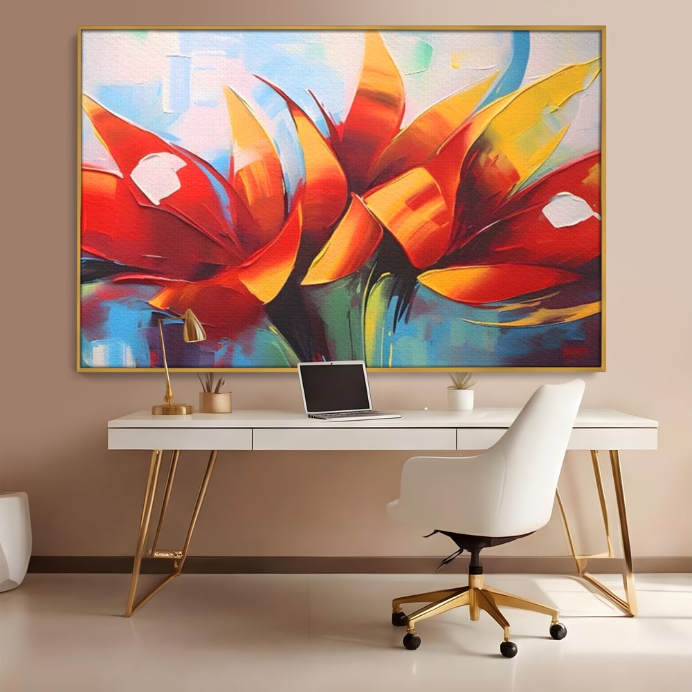 Tablou canvas cu pictura abstracta cu flori portocalii, in rama de aluminiu auriu, pe perete intr-un birou